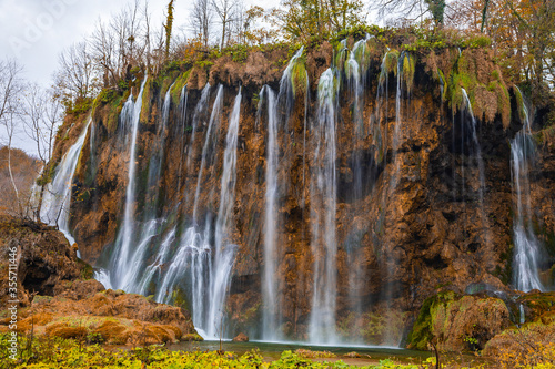 Plitvice Lakes Park with waterfalls in autumn