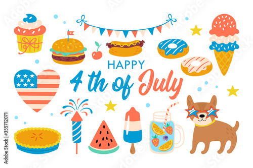 4th of july USA Independence day cute elements set. Childish print for cards, stickers and party invitations. Vector illustration