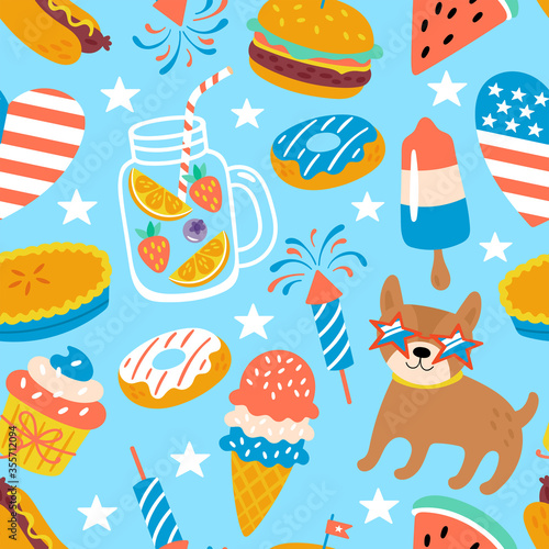 4th of july USA Independence day cute seamless pattern design. Childish print for cards, backgrounds and party invitations. Vector illustration