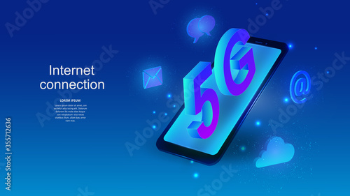 Vector illustration of a mobile phone with a 5G internet connection sign. Science, futuristic, web, network concept, communications, high technology. ESP 10