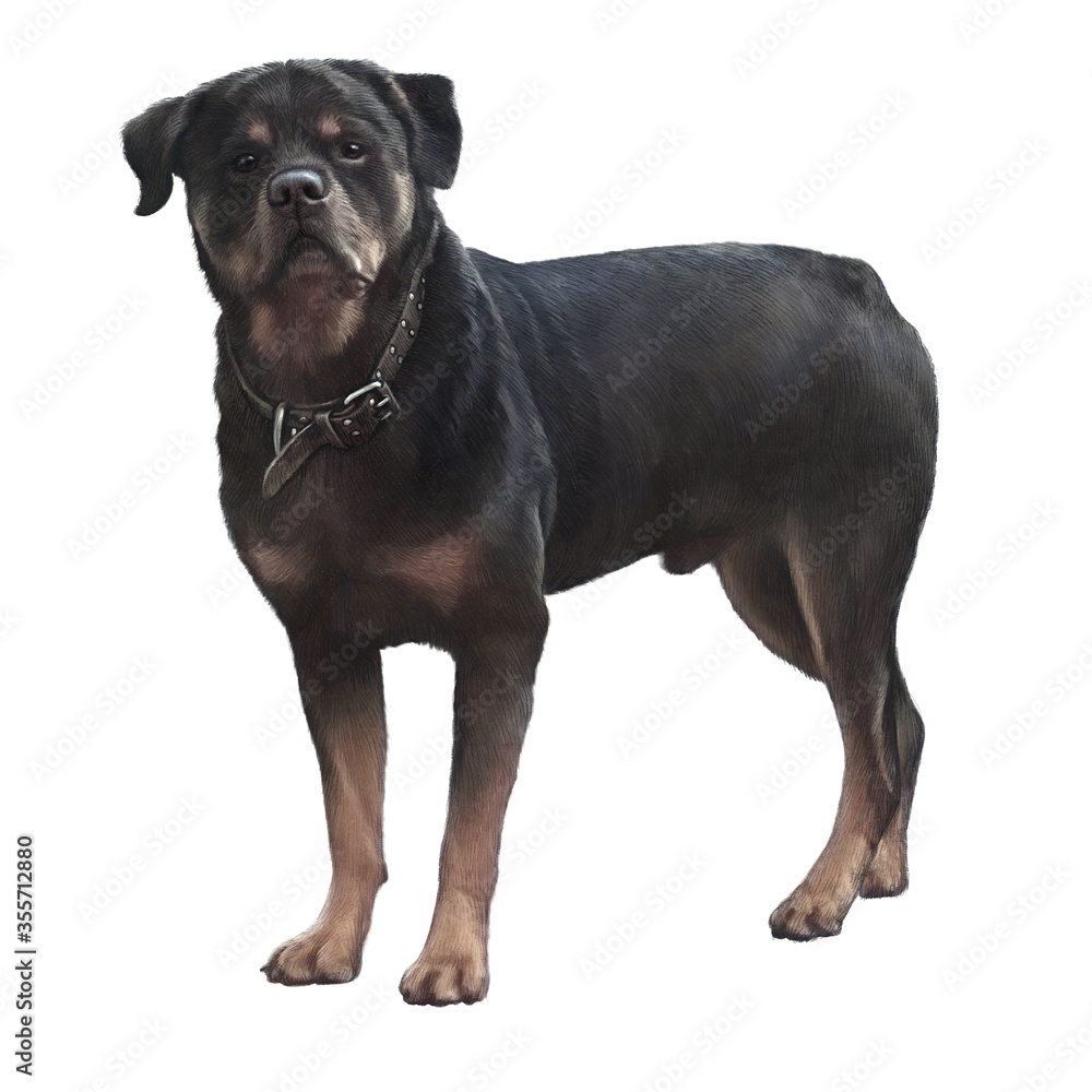 The Rottweiler dog isolated on white background, medium and large breed. Animal art collection: Dogs. Hand Painted Illustration of Pets. Good for T-shirt, pillow, card. Art background for pet shop