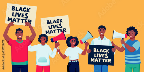 African american protesting people with posters. Black lives matter, fight for rights concept. Vector illustration