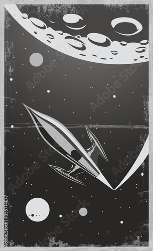 Retro Future Space Fantastic Movie Poster Style, Space Rocket, Moon, Stars. Grunge Texture Frame 
