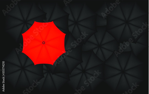illustration of red umbrella along with black umbrellas.