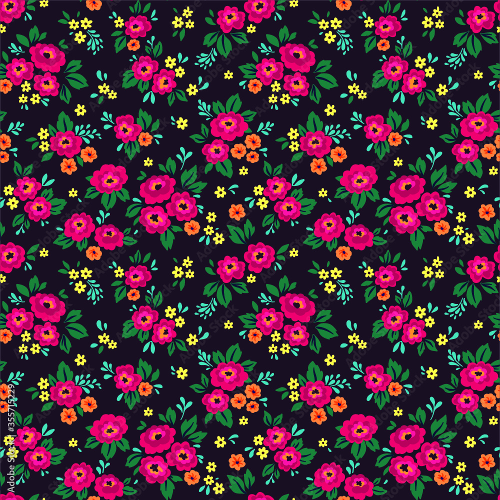 Cute floral pattern in the small flower. Ditsy print. Seamless vector texture. Elegant template for fashion prints. Printing with small rose-colored flowers. Dark violet background. Cute floral pattern in the small flower. Ditsy print. Seamless vector texture. Elegant template for fashion prints. Printing with small rose-colored flowers. Dark violet background.