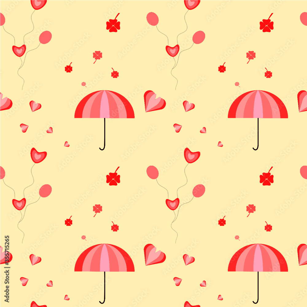 seamless pattern with hearts, clover leaves, balloons and pink umbrellas seamless pattern with hearts, clover leaves, balloons and pink umbrellas