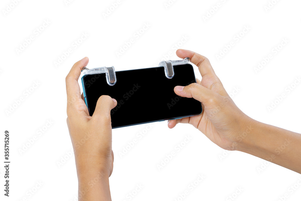 Close Up Gamer's Hand with Metal Trigger for Controller Mobile Gamepad Fire Button on White Background Isolated. POV Shot. Close Up Gamer's Hand with Metal Trigger for Controller Mobile Gamepad Fire Button on White Background Isolated. POV Shot.