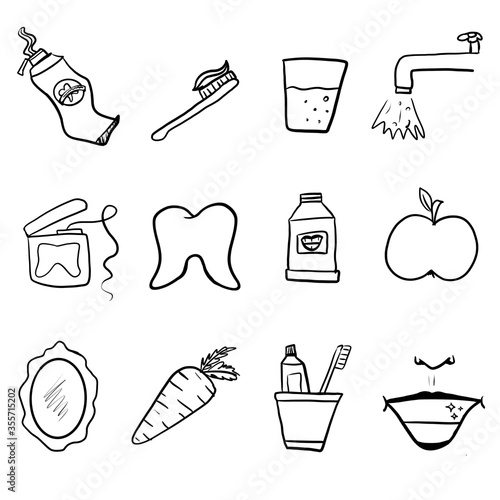 hand drawn vector set of dental hygiene, clean teeth, friends tooth in doodle style, sketch elements isolated on white background for dentistry, children's posters.