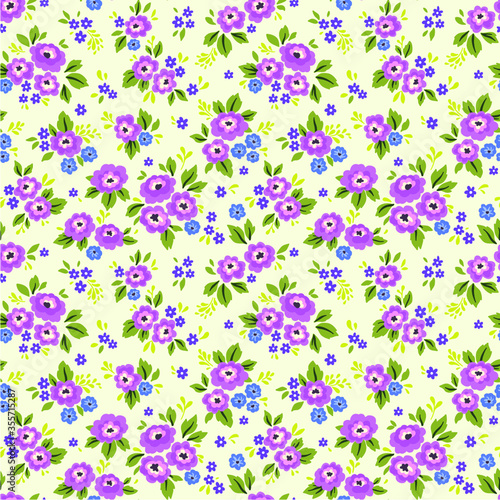Fototapeta Naklejka Na Ścianę i Meble -  Floral pattern. Pretty flowers on white background. Printing with small light violet and lilac flowers. Ditsy print. Seamless vector texture. Spring bouquet.