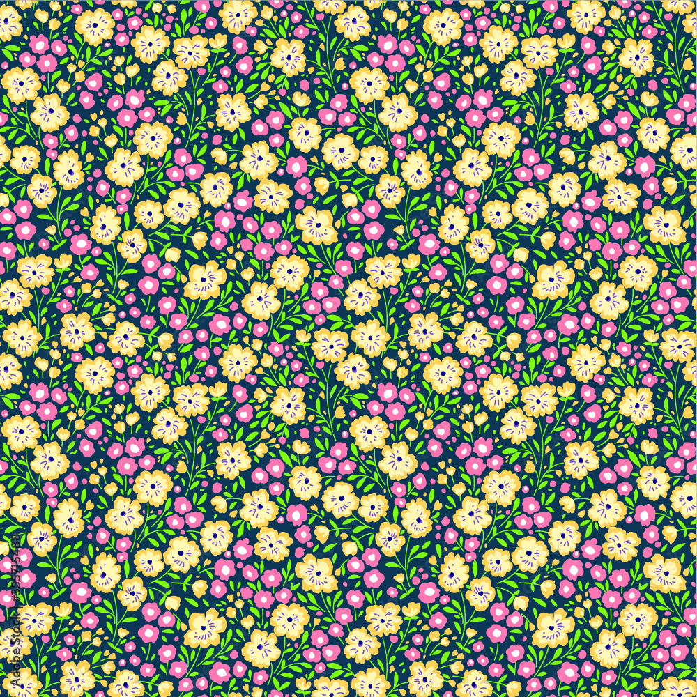Elegant floral pattern in small yellow and pink flower. Liberty style. Floral seamless background for fashion prints. Ditsy print. Seamless vector texture. Spring bouquet.