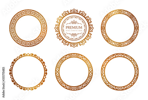 Set of ornamental round frames. Vintage gold labels and badges. Premium collection of decorative circular patterns. Ornate golden elements for wedding invitation design.