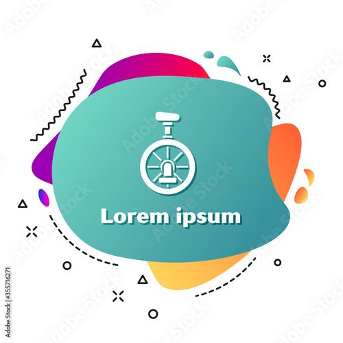 White Unicycle or one wheel bicycle icon isolated on white background. Monowheel bicycle. Abstract banner with liquid shapes. Vector Illustration