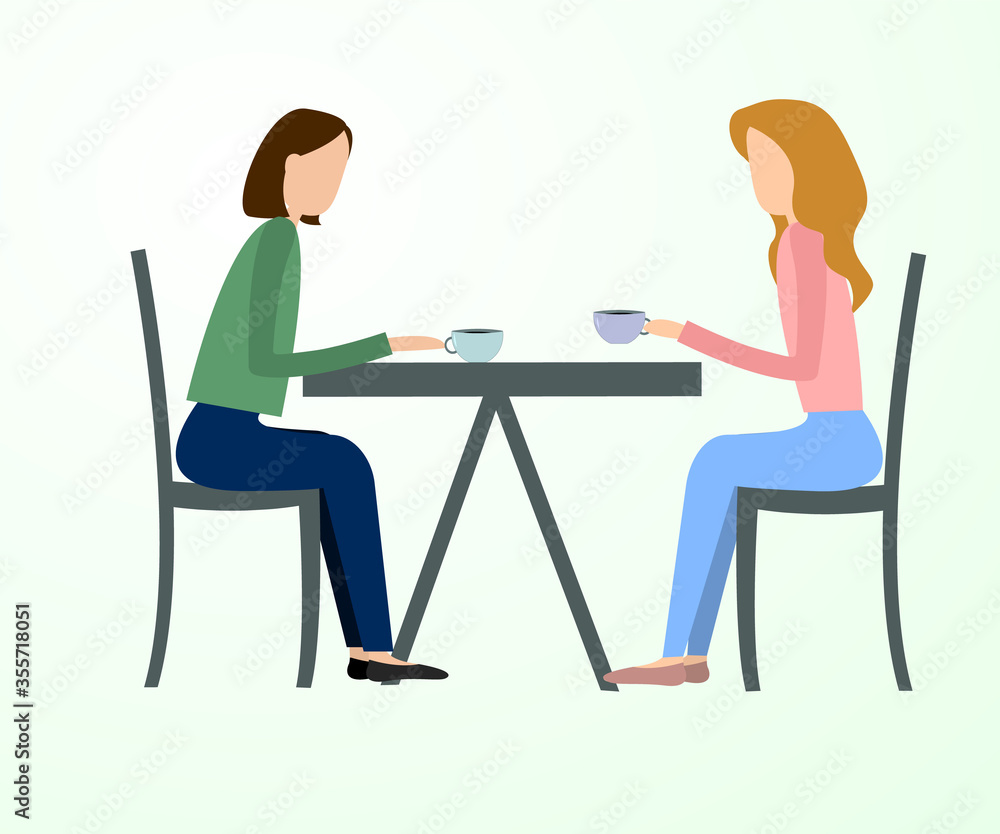 Two beautiful friends women talking friendly at coffee shop while drinking, vector illustration on white background. Two beautiful friends women talking friendly at coffee shop while drinking, vector illustration on white background.