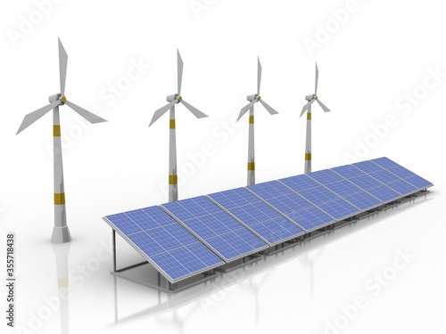 3d rendering Group of Wind Turbine with solar panel
