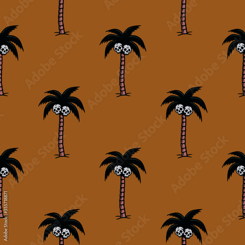 PALM TREE WITH SKULLS BLACK SEAMLESS PATTERN COLOR BACKGROUND © always draw