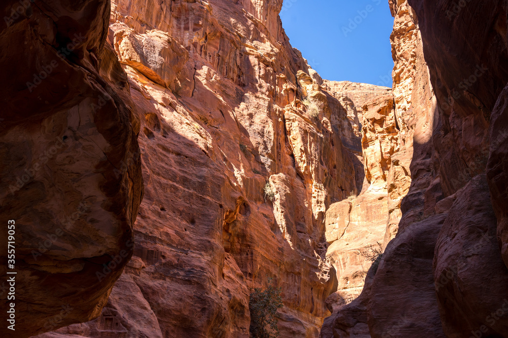 The Siq, the narrow slot-canyon entrance to the Petra The Siq, the narrow slot-canyon entrance to the Petra