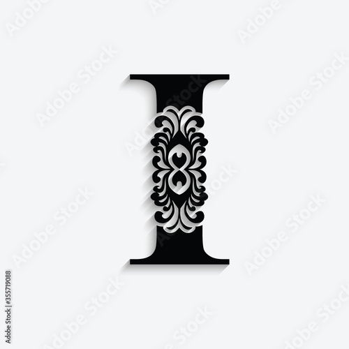 letter I. Black flower alphabet. Beautiful capital letters with shadow