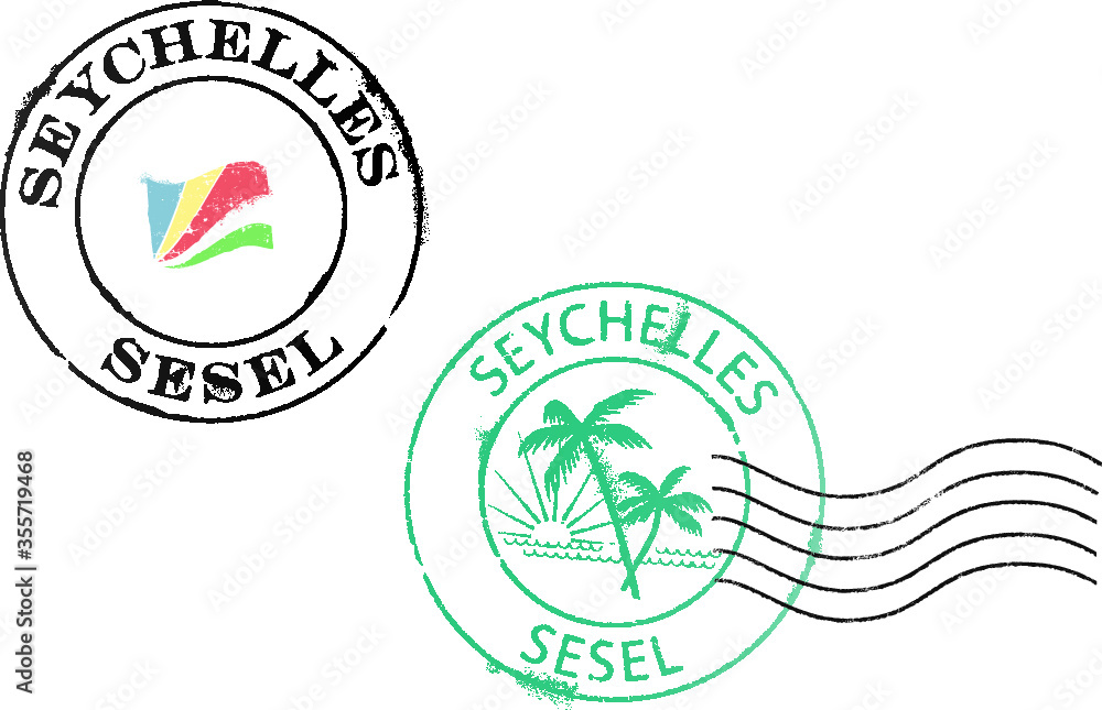 Two postal stamp ''Seychelles''. English and Creole quote. White background. Two postal stamp ''Seychelles''. English and Creole quote. White background.