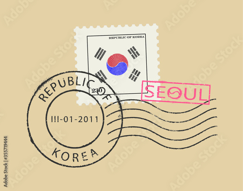 Postal stamp symbols ''Seoul - Republic of (South) Korea''. Korean flag (Yin Yang - Unity within diversity; engraved effect).
