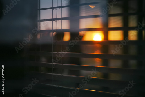 modern dining room in empty office building with sunset flare effect