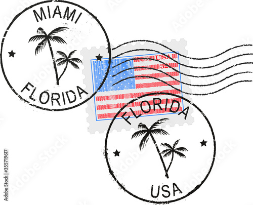Postal stamp symbols 'Miami-Florida-USA'. US flag (engraved, woodcut effect).