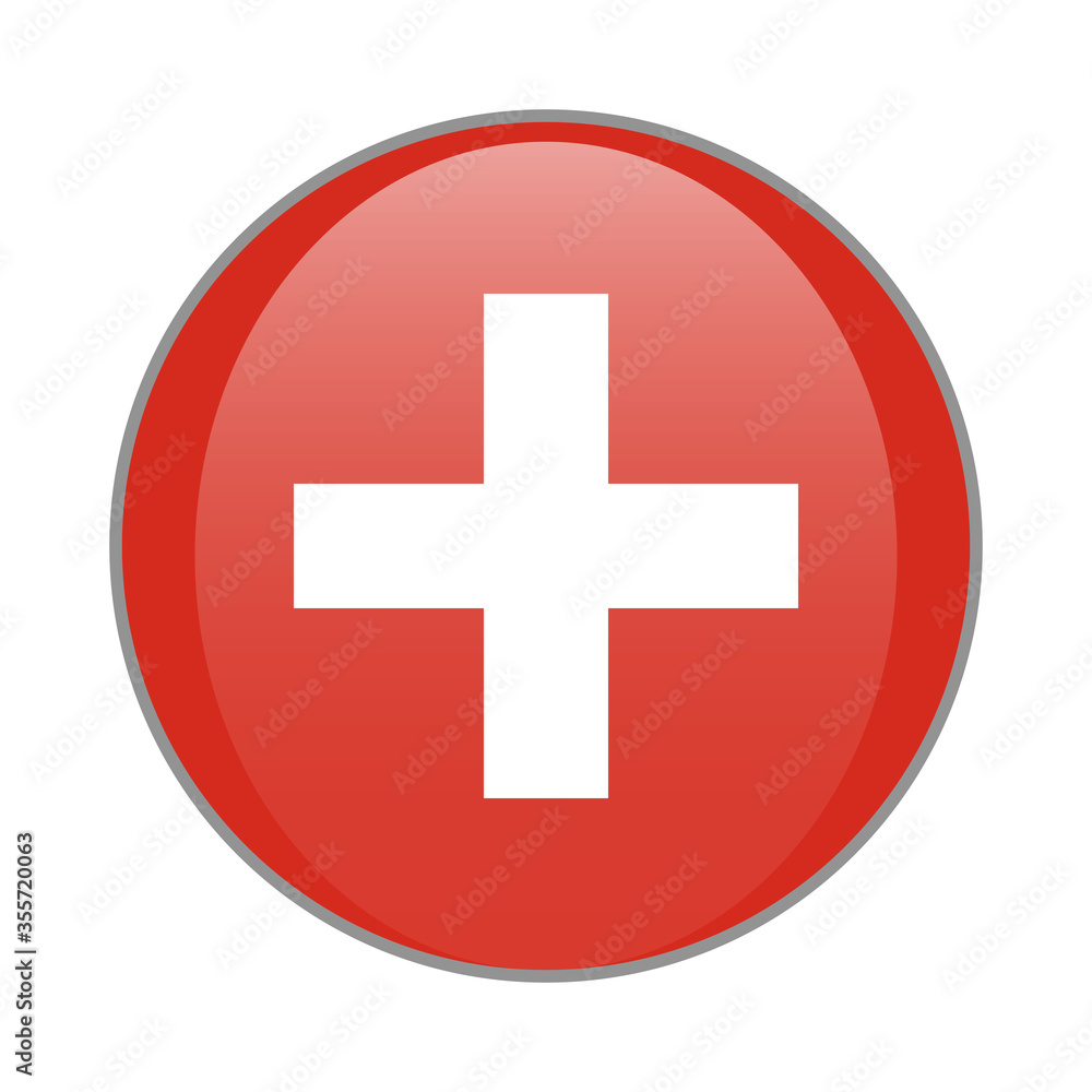Switzerland national flag round glossy icon. Swiss cross white and red badge Isolated on white background. Switzerland national flag round glossy icon. Swiss cross white and red badge Isolated on white background.