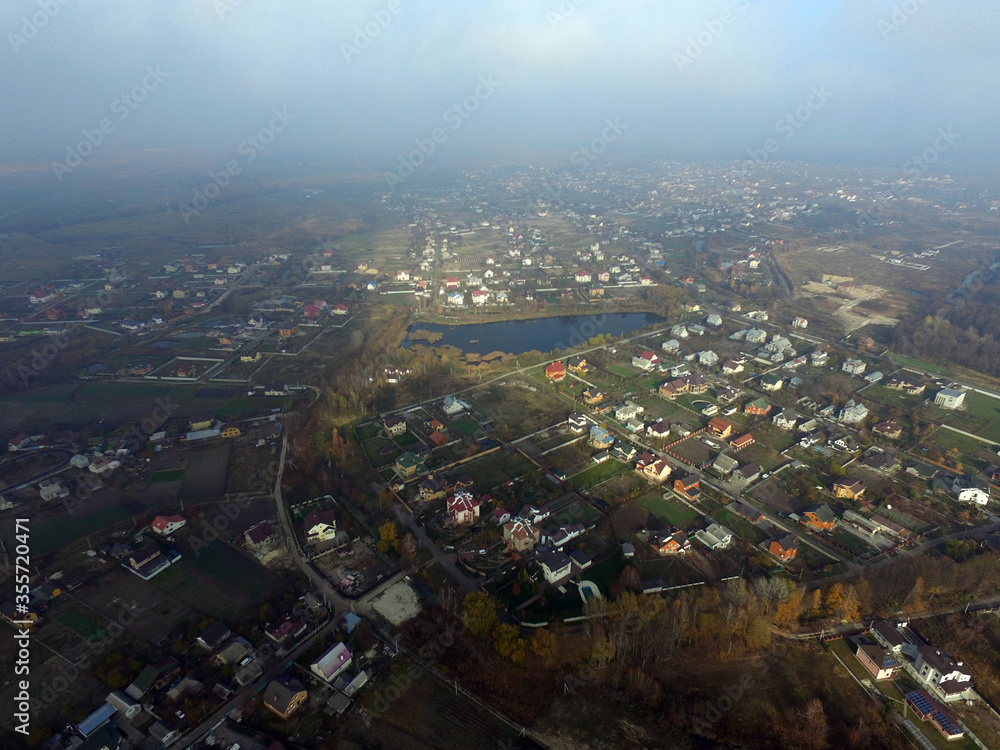 Obraz premium Aerial view of the saburb landscape (drone image). Near Kiev