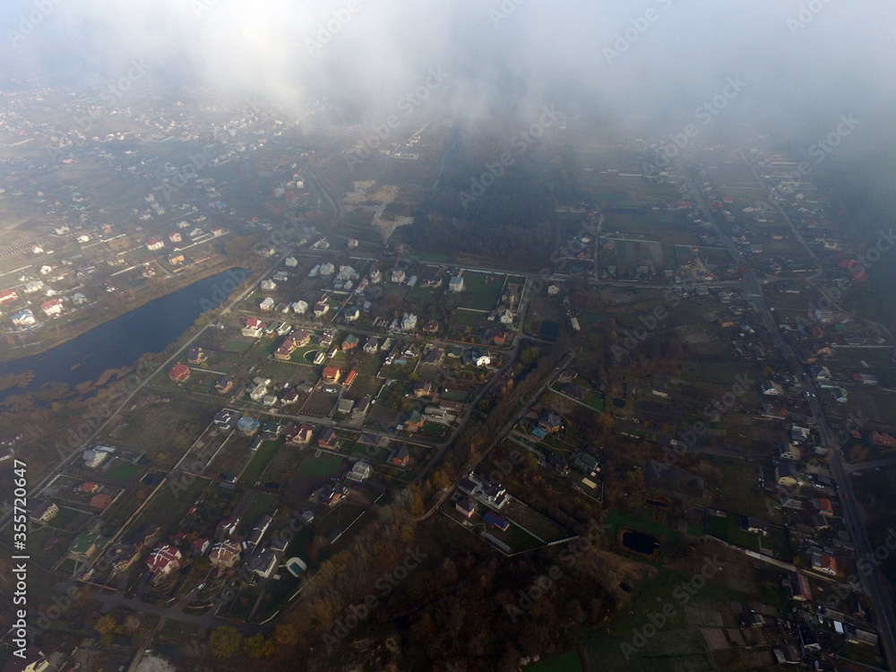 Fototapeta premium Aerial view of the saburb landscape (drone image). Near Kiev