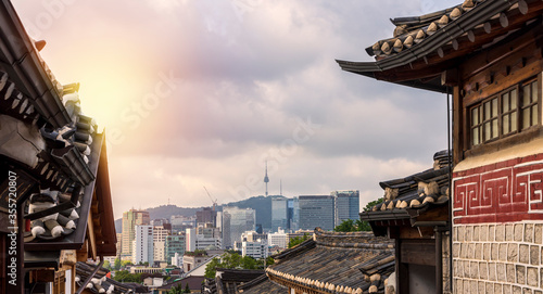 Sunrise of Bukchon Hanok Village in Seoul, South Korea.