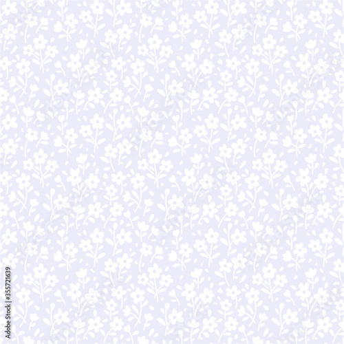 Cute floral pattern in the small flower. Ditsy print. Seamless vector texture. Elegant template for fashion prints. Printing with small white flowers. Lilac background.