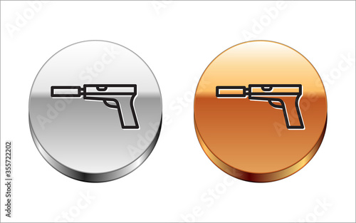 Black line Pistol or gun with silencer icon isolated on white background. Silver-gold circle button. Vector Illustration