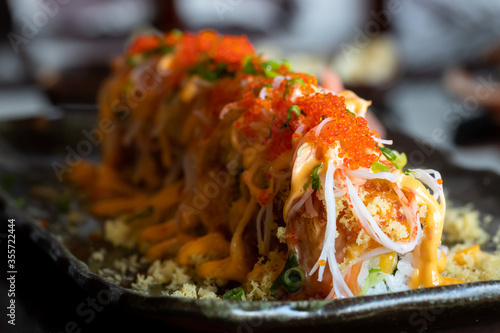 front view of the plate of sushi with selective focus showing depth of field. the food looks vibrant and delicious. 