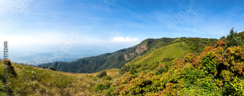Panorama of tropical forest mountain landscape view point with blue sky in Kew Mae Pan, Doi Inthanon National Park, Chiang Mai, Thailand.