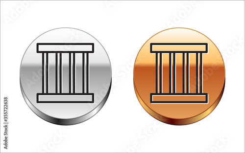 Black line Prison window icon isolated on white background. Silver-gold circle button. Vector Illustration
