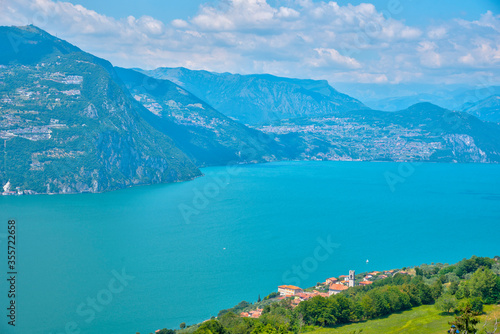 Aerial view of Iseo lake and Siviano village from Monte Isola in Italy photo