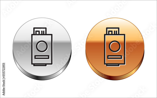 Black line Passport with ticket icon isolated on white background. Identification Document. Concept travel and tourism. Silver-gold circle button. Vector Illustration
