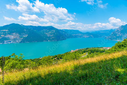 Aerial view of Iseo lake and Siviano village from Monte Isola in Italy photo