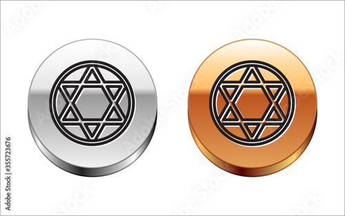 Black line Star of David icon isolated on white background. Jewish religion symbol. Symbol of Israel. Silver-gold circle button. Vector Illustration