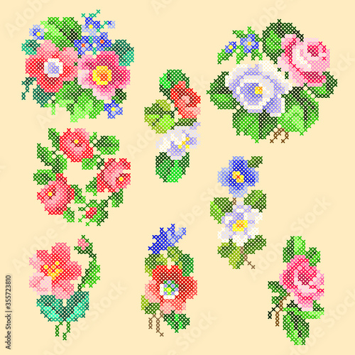 set of cross stitc floral elements