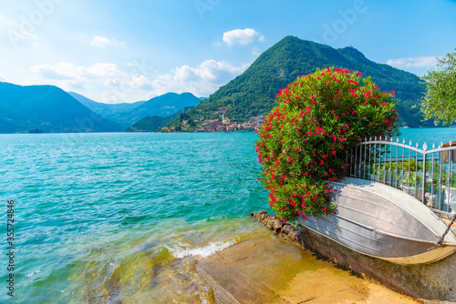 Peschiera Maraglio village on Monte Isola island at Iseo lake in Italy photo