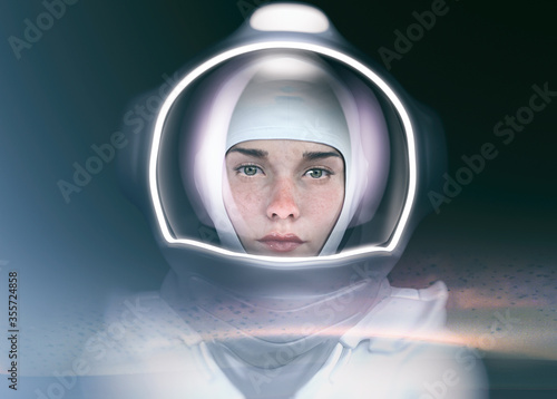 female astronaut with glass helmet and dramatic lighting- 3d rendering