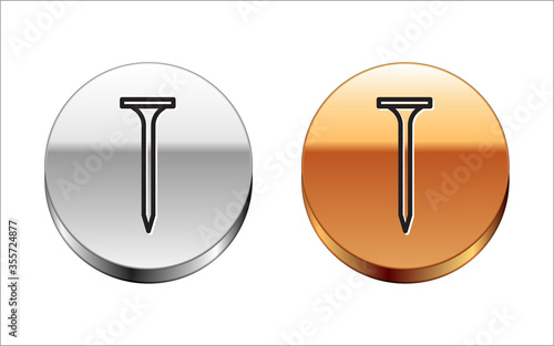 Black line Metallic nail icon isolated on white background. Silver-gold circle button. Vector Illustration