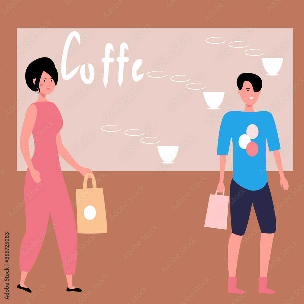 Modern turn portrait of a young women coffee shop with packages. Cartoon lineup. Modern design. Vector flat design Vintage morning coffee background.
