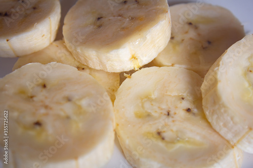 View of tasty banana cut into slices