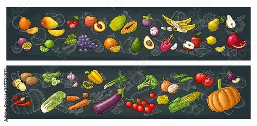 Set tropical fruits. Vector black vintage engraving isolated on white