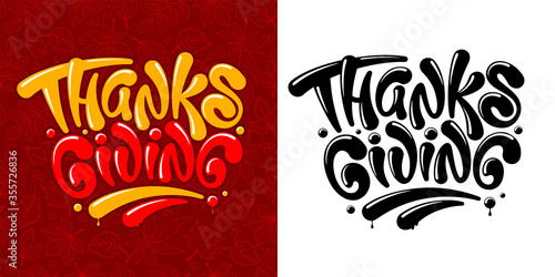 Thanksgiving calligraphy hand drawn lettering by brush. Can be used for any type design on Thanksgiving holiday. Colorful and monochrome variants. Seamless pattern with leaves on backdrop. Vector.