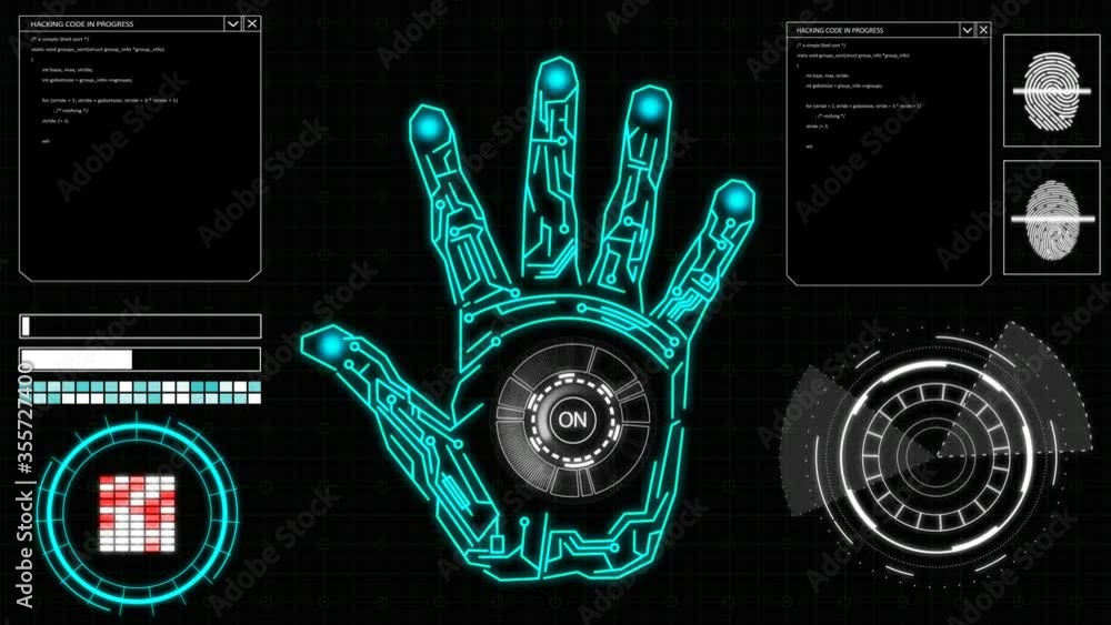 hud elements on a computer display with hand scanning and fingerprints on a screen