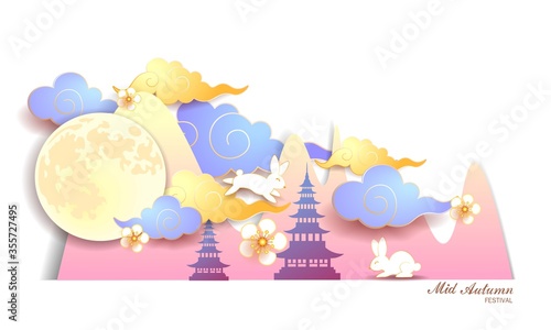 Mid autumn festival / Chinese festival with the moon, cloud, pagoda, rabbits and flowers on white paper. Vector illustration / Chinese Translation : happy mid autumn festival