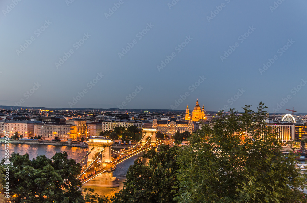 Sunset view of city of Budapest from the hill across river Danube in Budapest, Hungary