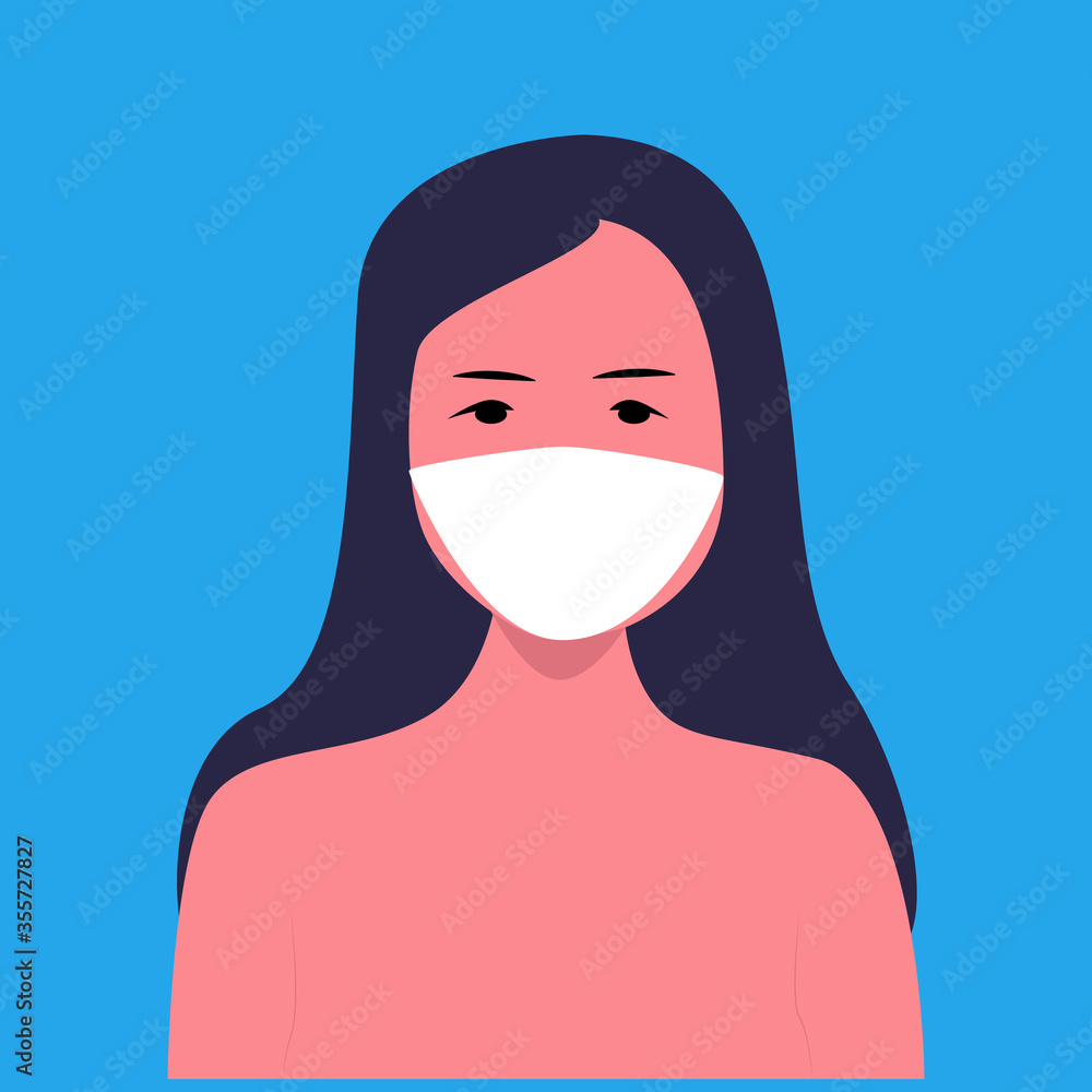
Cartoon portrait of a girl in a mask for medical design. Virus protection. Face mask from pollution. Viral vector concept. Female medical mask. Flat illustration of a lonely isolated woman on a blue 